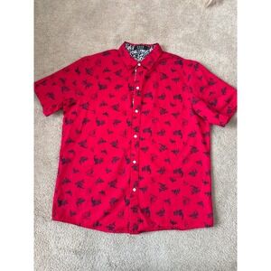 SSLR Men's Button Down Shirt Size L Red Shark Blue Floral Lining Vacation Beach